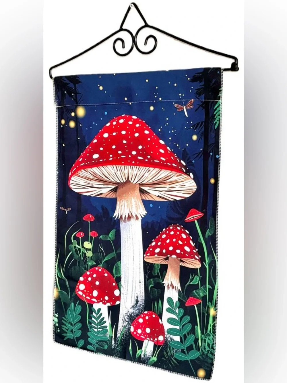 Red & White Polka Dotted Mushrooms Forest at Night Fireflies Yard Garden Flag